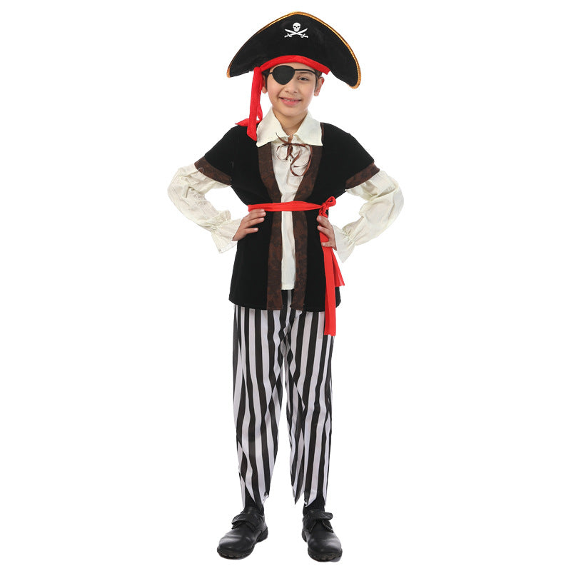 Boys Pirate Captain Costume Suit for Kids with Hat and Eye Patch Stage Performance Carnival Theme Party Cosplay Dress Up