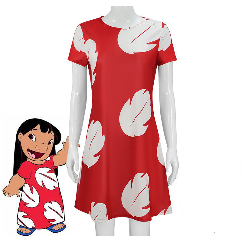 Girls Red Princess Leaf Lilo Dress Short Sleeve Hawaiian Costume for Girls Birthday Outfit Halloween Party Wear