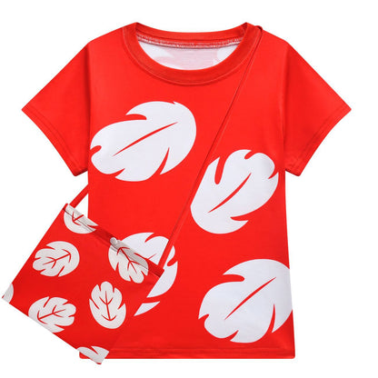 Lilo Pelekai Costume for Girls Red Leaf Hawaiian T-Shirt and Skirt with Bag