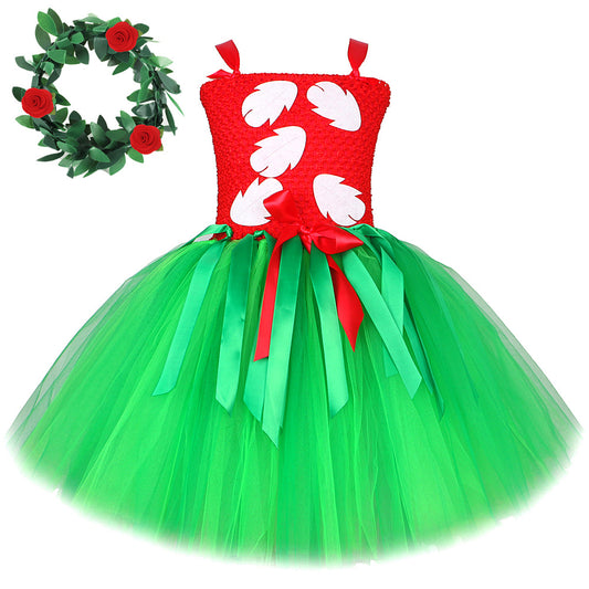 Girls Summer Hawaiian Red Green Tutu Dress with Tropical Fern Leaf Headband Birthday Party Gifts