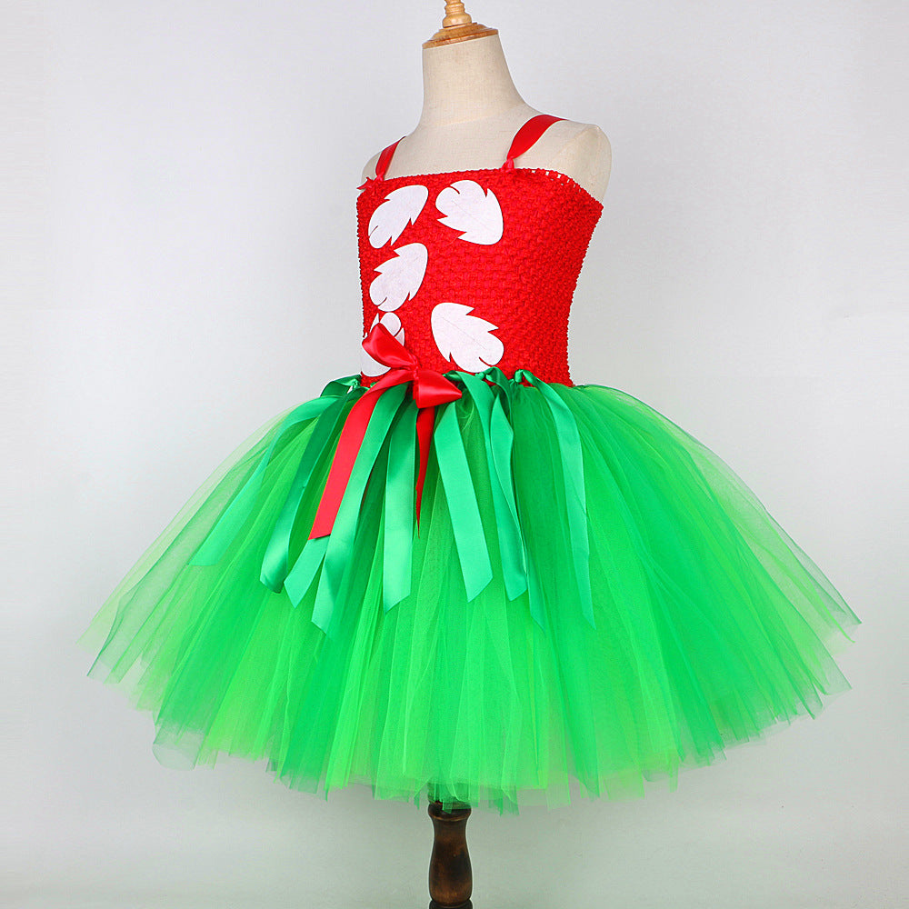 Girls Summer Hawaiian Red Green Tutu Dress with Tropical Fern Leaf Headband Birthday Party Gifts