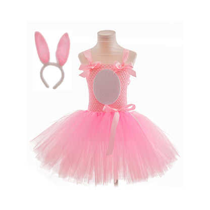 Sprifallbaby Osterhasen-Kostüm für Kinder, Mädchen, Tüll-Patchwork-Unterkleid, Stirnband, Halsband, Schwanz, für 1–12 Jahre