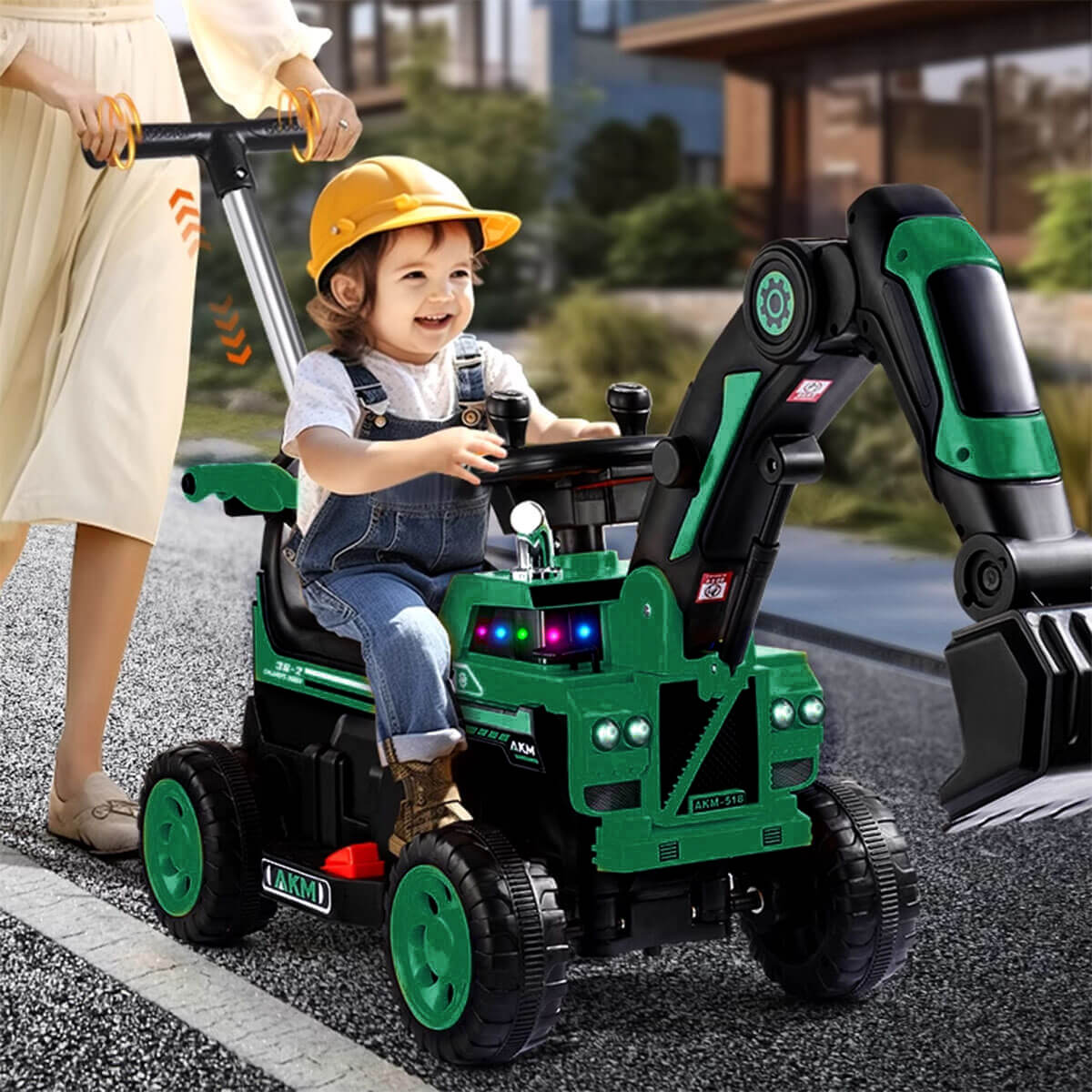 3-In-1 Toddler 6V Ride-On Push Car Kids 4WD Rechargeable Excavator with Fully Electric Digging Arm
