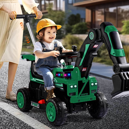 3-In-1 Toddler 6V Ride-On Push Car Kids 4WD Rechargeable Excavator with Fully Electric Digging Arm
