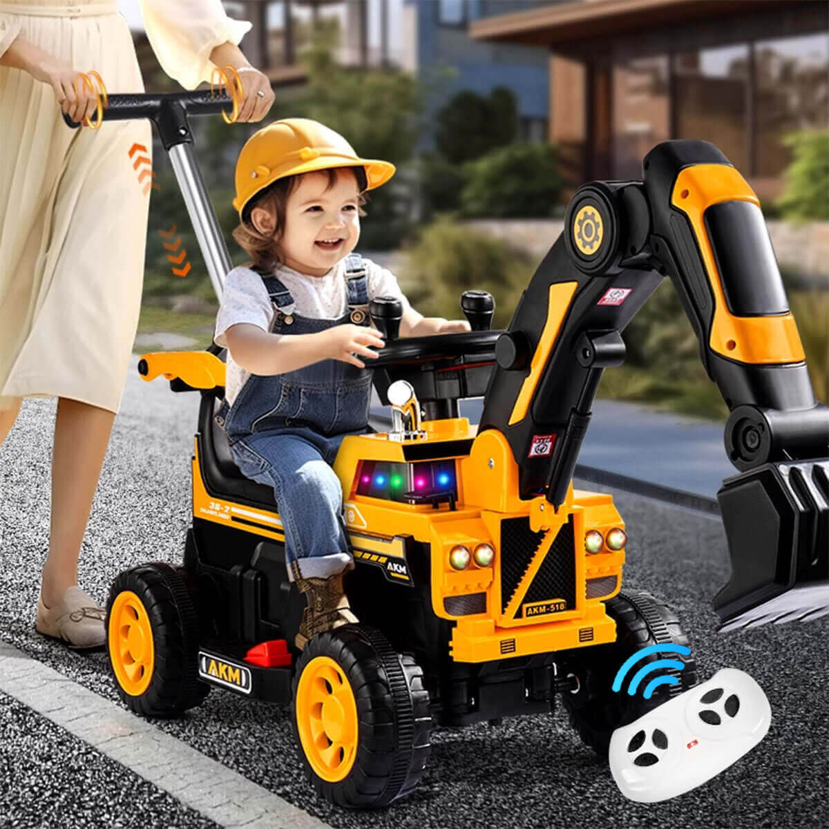3-In-1 Toddler 6V Ride-On Push Car Kids 4WD Rechargeable Excavator with Fully Electric Digging Arm
