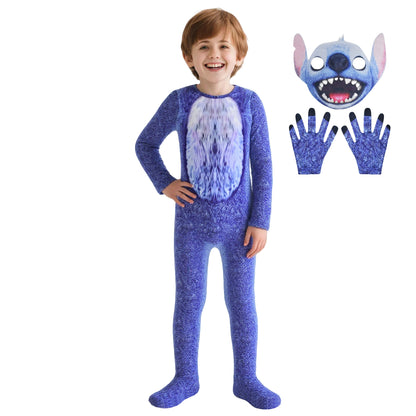 Kids Stitch Cosplay Costume Jumpsuit Mask with Gloves Outfit Party Fancy Dress Up