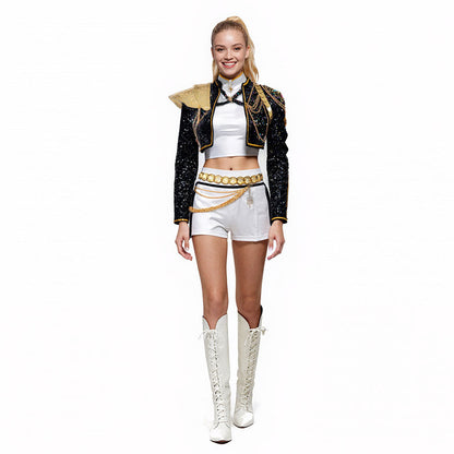 Pop Stars Costume Golden Black White Dance Outfit Stage Performance Suit