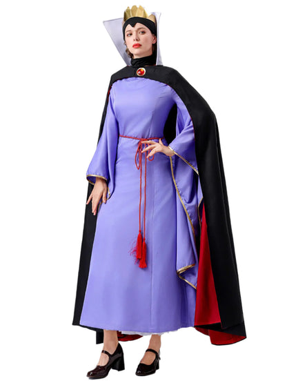 Women Queen Costume Purple Dress with Black Cape and Crown Full Set for Themed Party