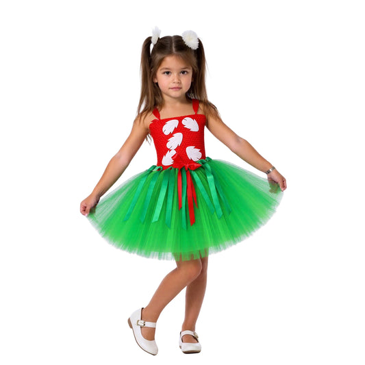 Girls Summer Hawaiian Red Green Tutu Dress with Tropical Fern Leaf Headband Birthday Party Gifts