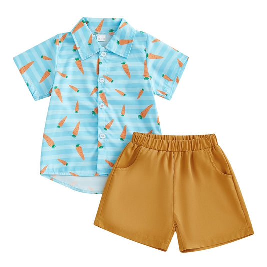 Der Oster-Gent-Look für kleine Jungen – Aturustex-Hemd mit Hasen- und Karotten-Print und Knopfleiste