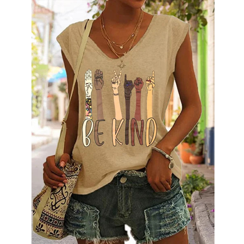 BE KIND Print V Neck Sleeveless Tank Top