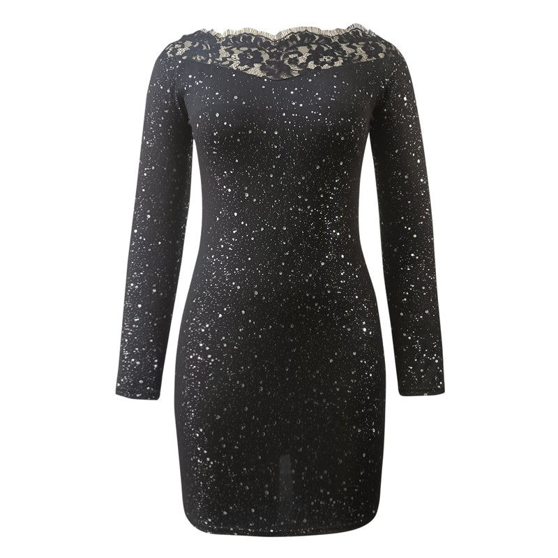 Black Lace Panel Off Shoulder Print Bodycon Party Dress