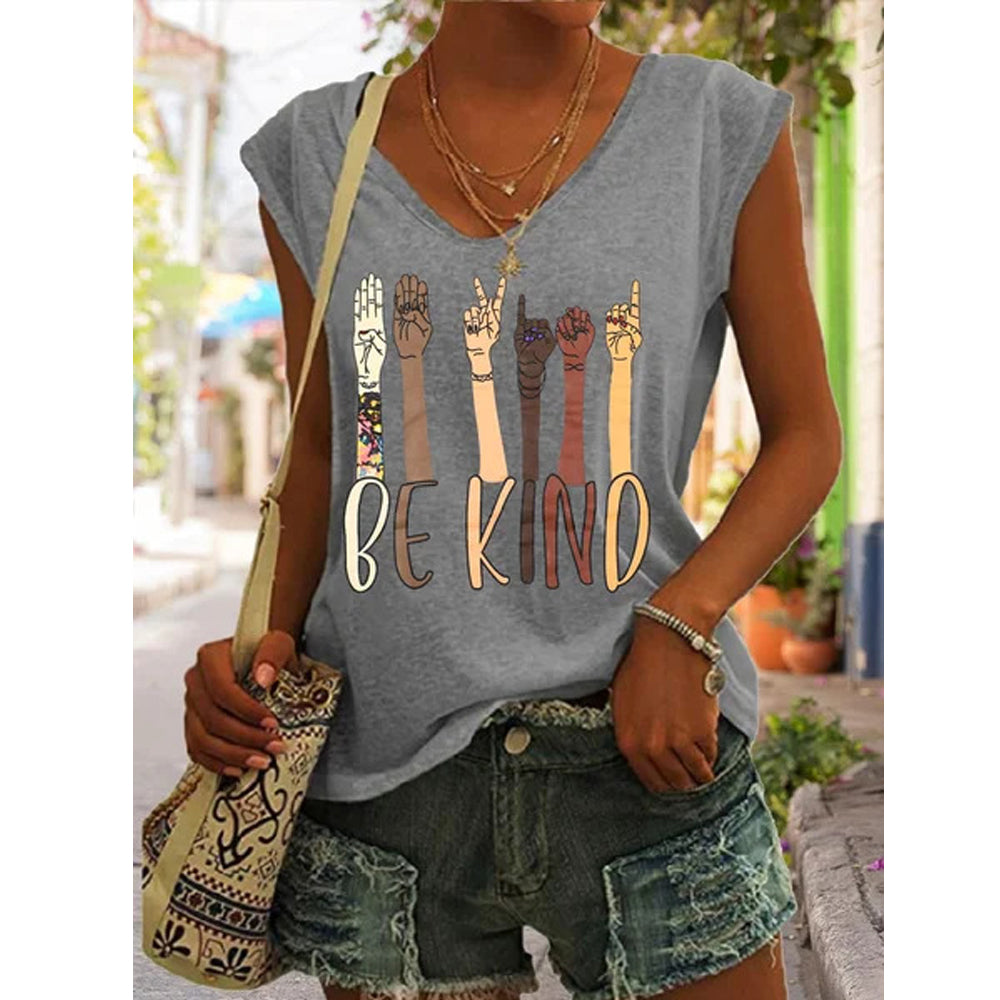 BE KIND Print V Neck Sleeveless Tank Top