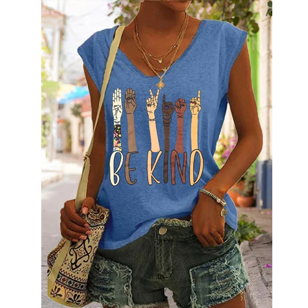 BE KIND Print V Neck Sleeveless Tank Top