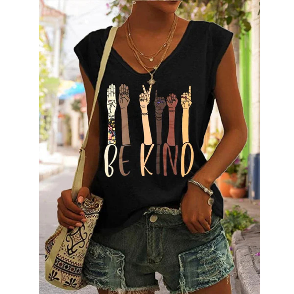 BE KIND Print V Neck Sleeveless Tank Top