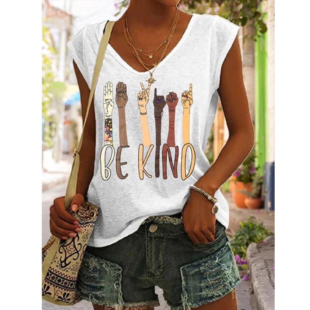 BE KIND Print V Neck Sleeveless Tank Top
