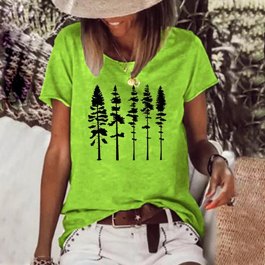 Tree Print Round Neck Short Sleeve Tee