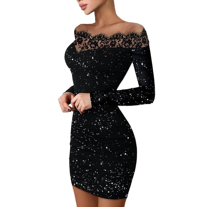 Black Lace Panel Off Shoulder Print Bodycon Party Dress