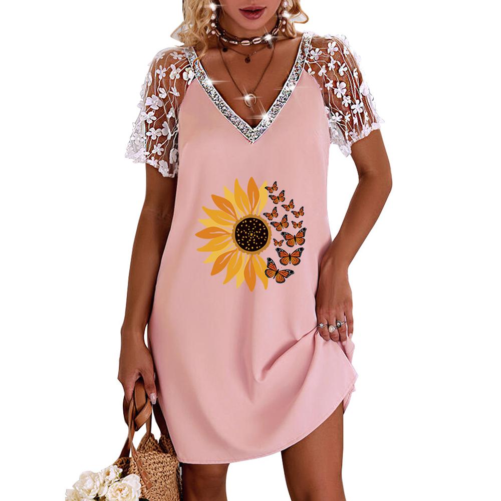 Sunflower Print V Neck Contrast Lace Short Sleeve Dress