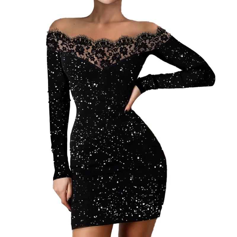 Black Lace Panel Off Shoulder Print Bodycon Party Dress