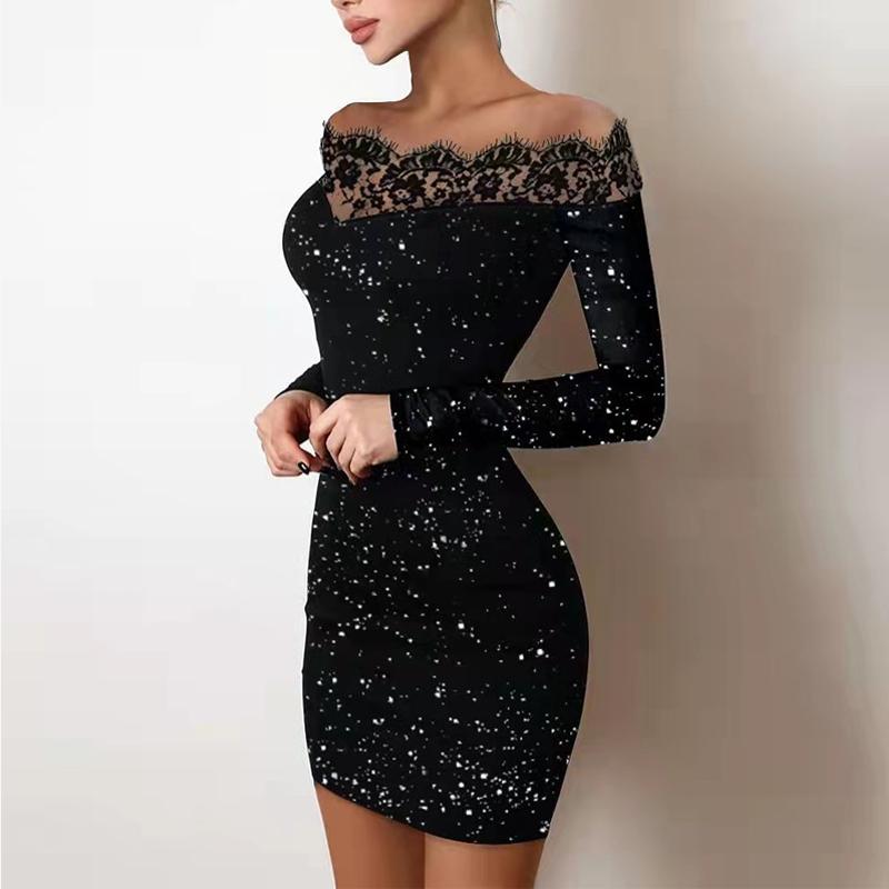 Black Lace Panel Off Shoulder Print Bodycon Party Dress