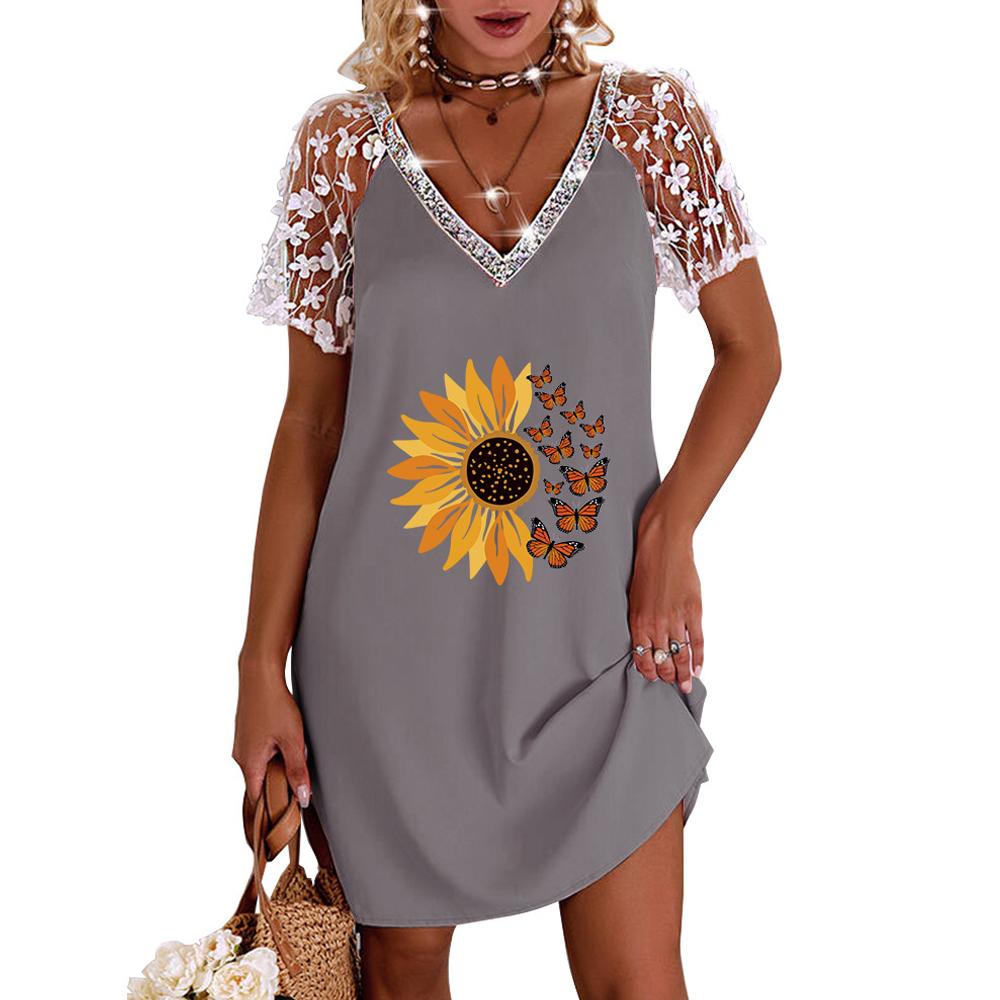 Sunflower Print V Neck Contrast Lace Short Sleeve Dress