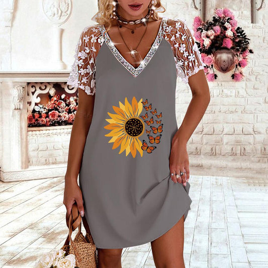 Sunflower Print V Neck Contrast Lace Short Sleeve Dress