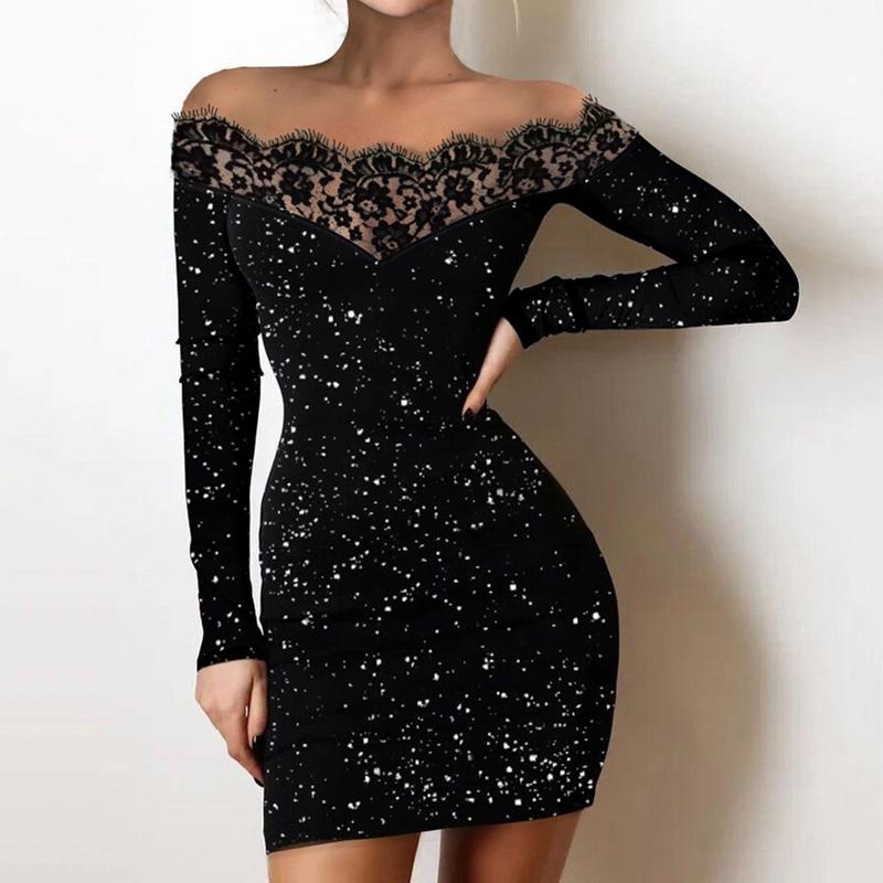 Black Lace Panel Off Shoulder Print Bodycon Party Dress